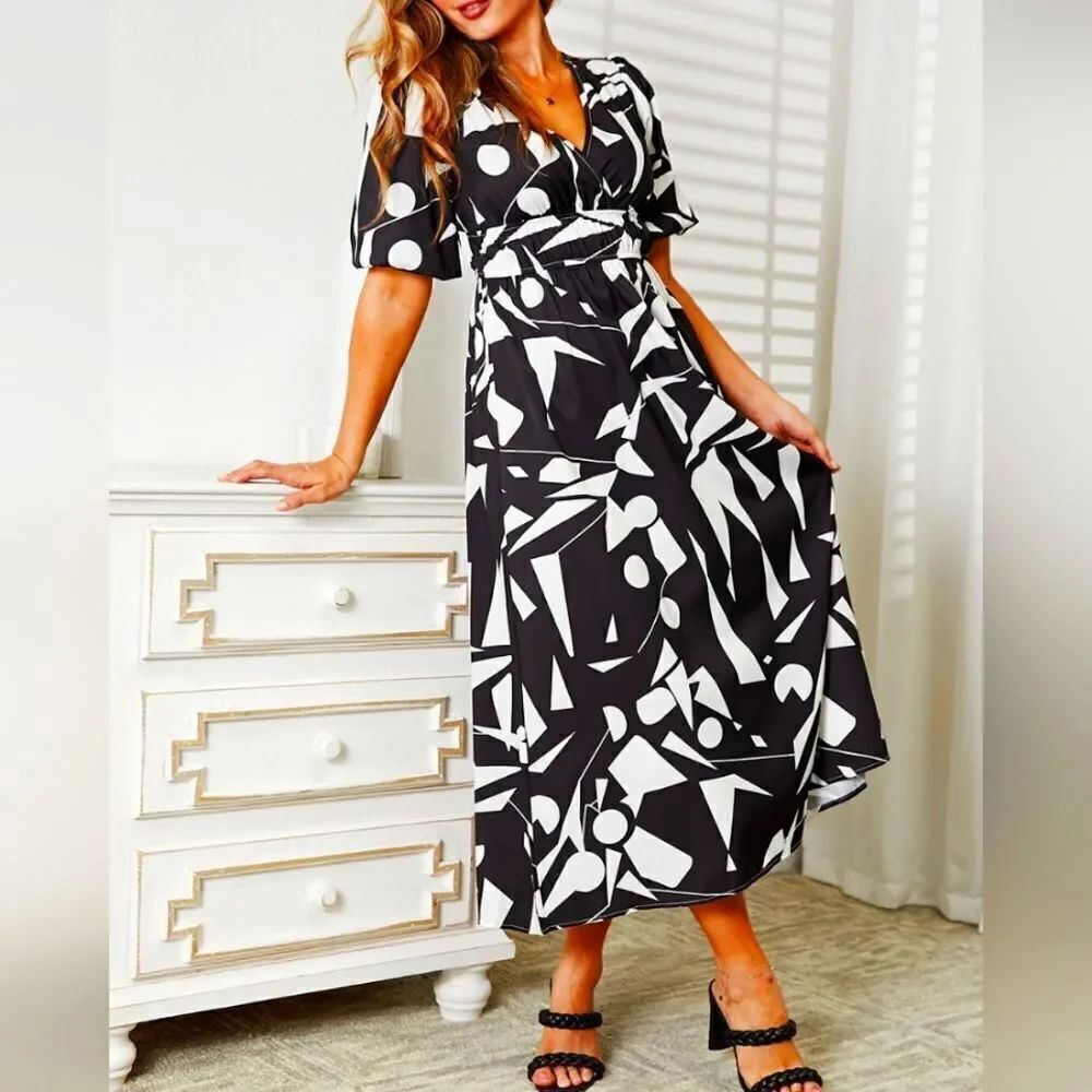 Women's Midi Abstract Floral Metal Surplice Balloon Sleeve Dress Sz M